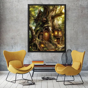 Whimsical treehouse in sunlit forest