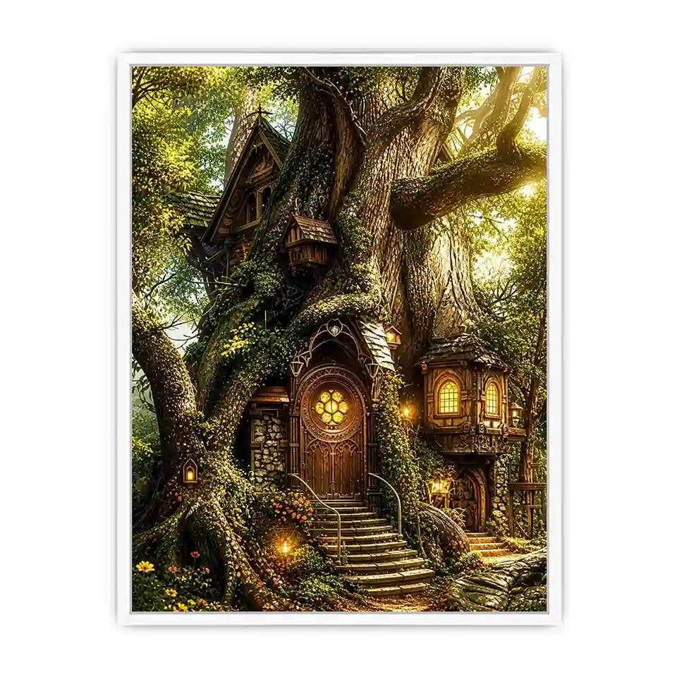 Whimsical treehouse in sunlit forest