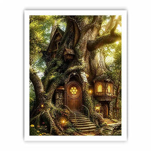 Whimsical treehouse in sunlit forest