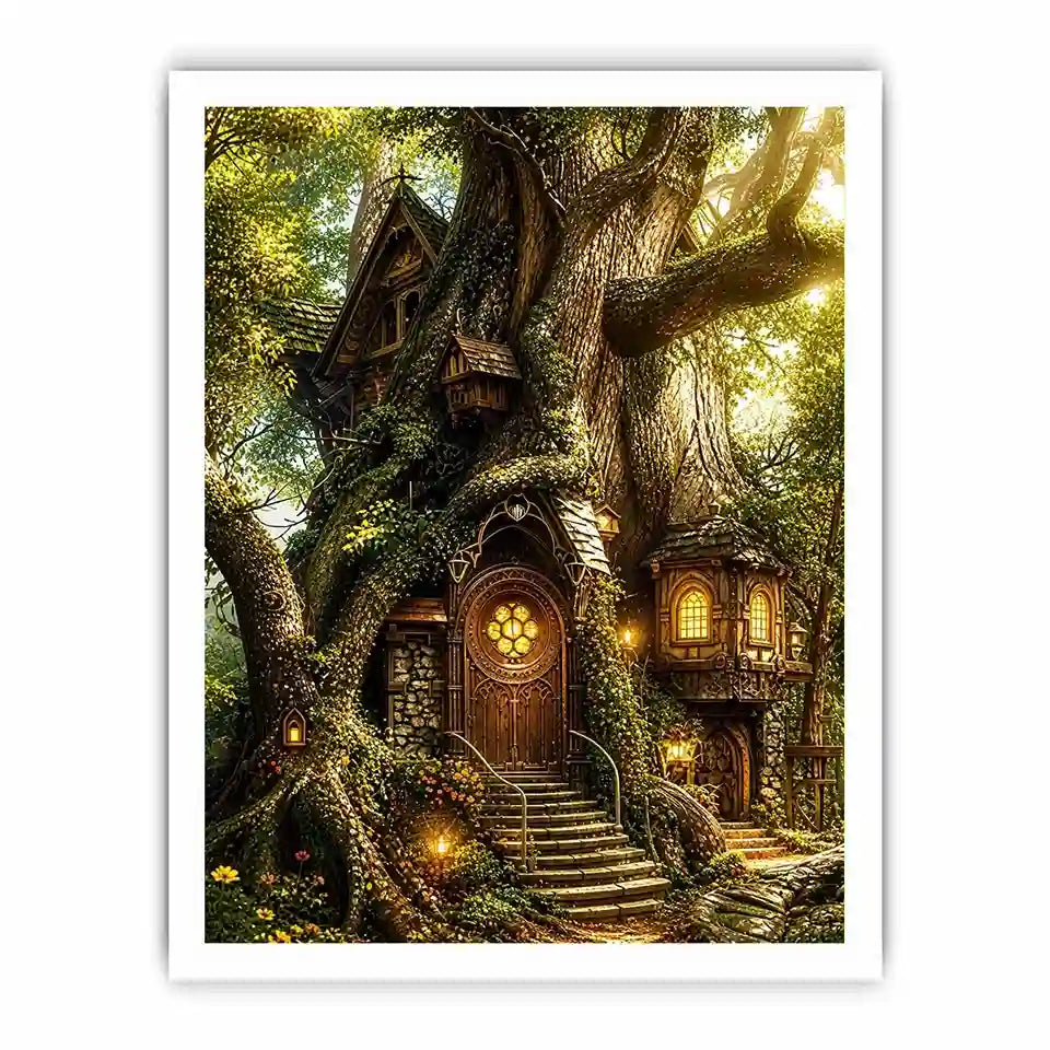 Whimsical treehouse in sunlit forest