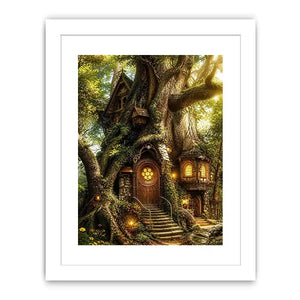 Whimsical treehouse in sunlit forest