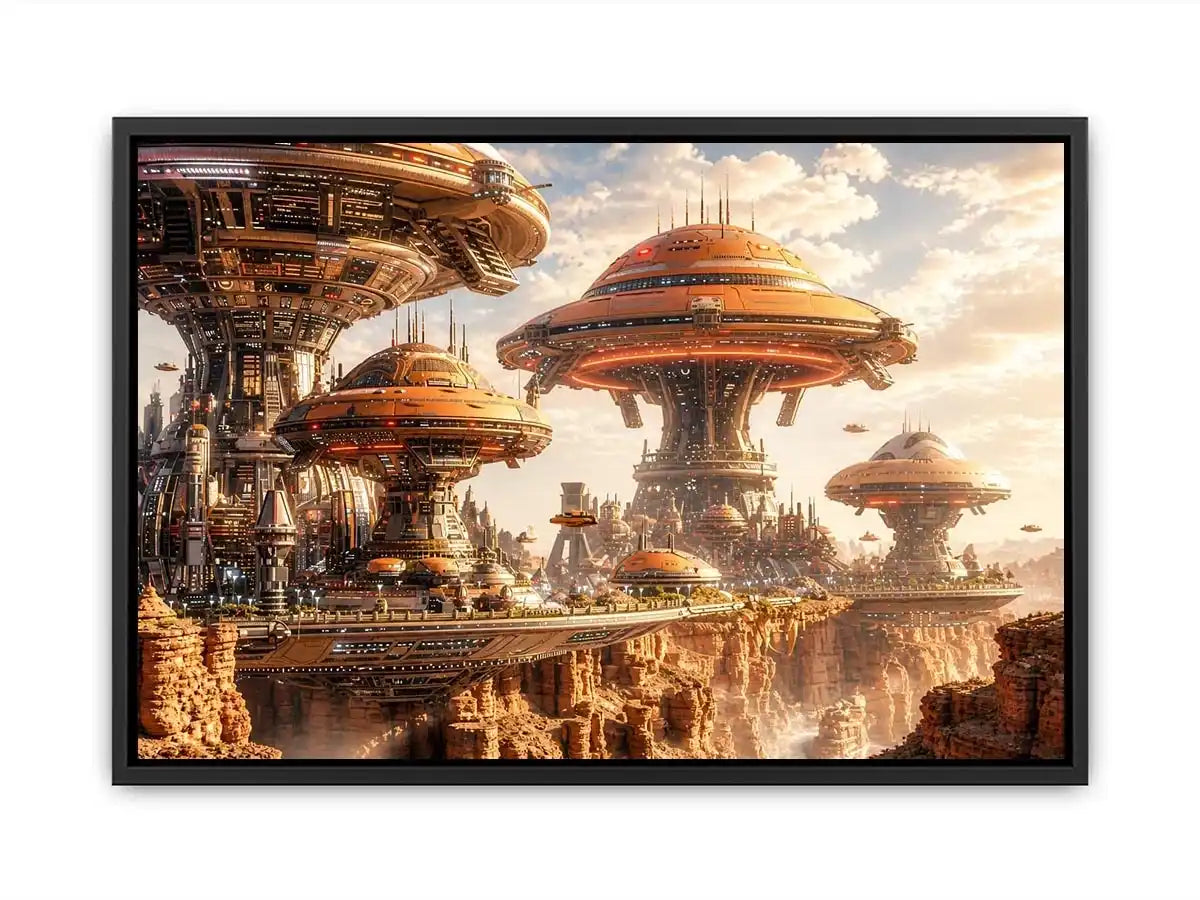 Futuristic city above a desert canyon