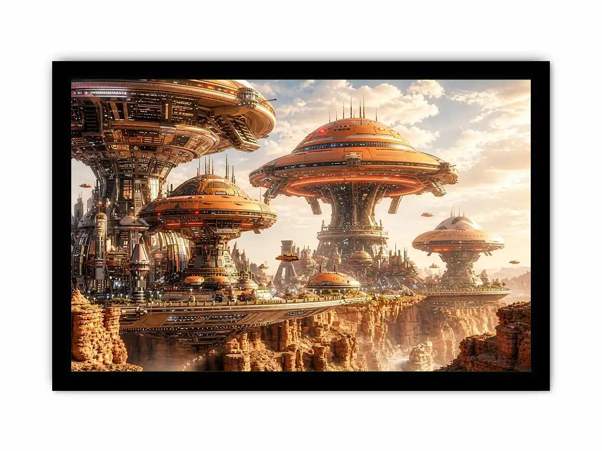 Futuristic city above a desert canyon