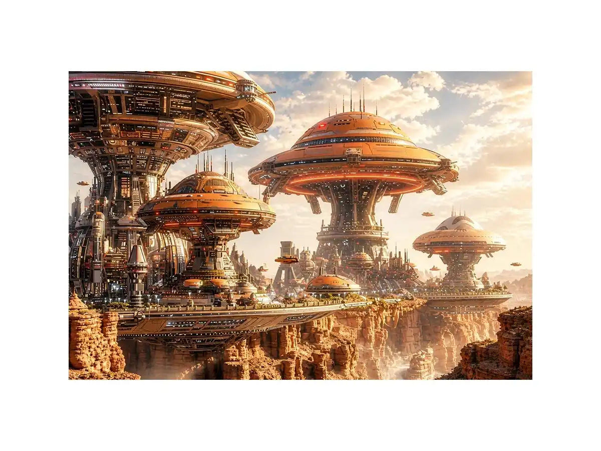 Futuristic city above a desert canyon