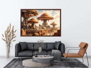 Futuristic city above a desert canyon