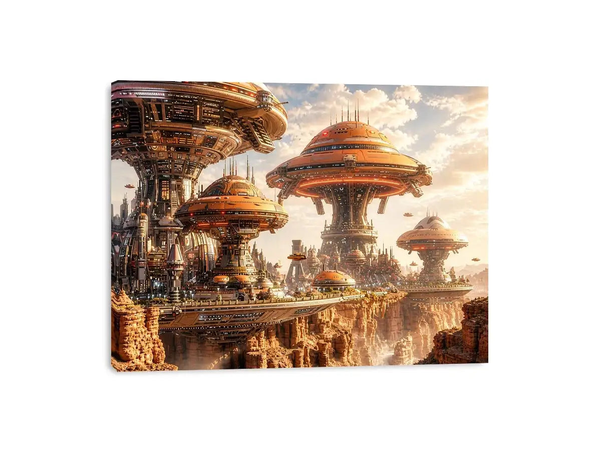 Futuristic city above a desert canyon