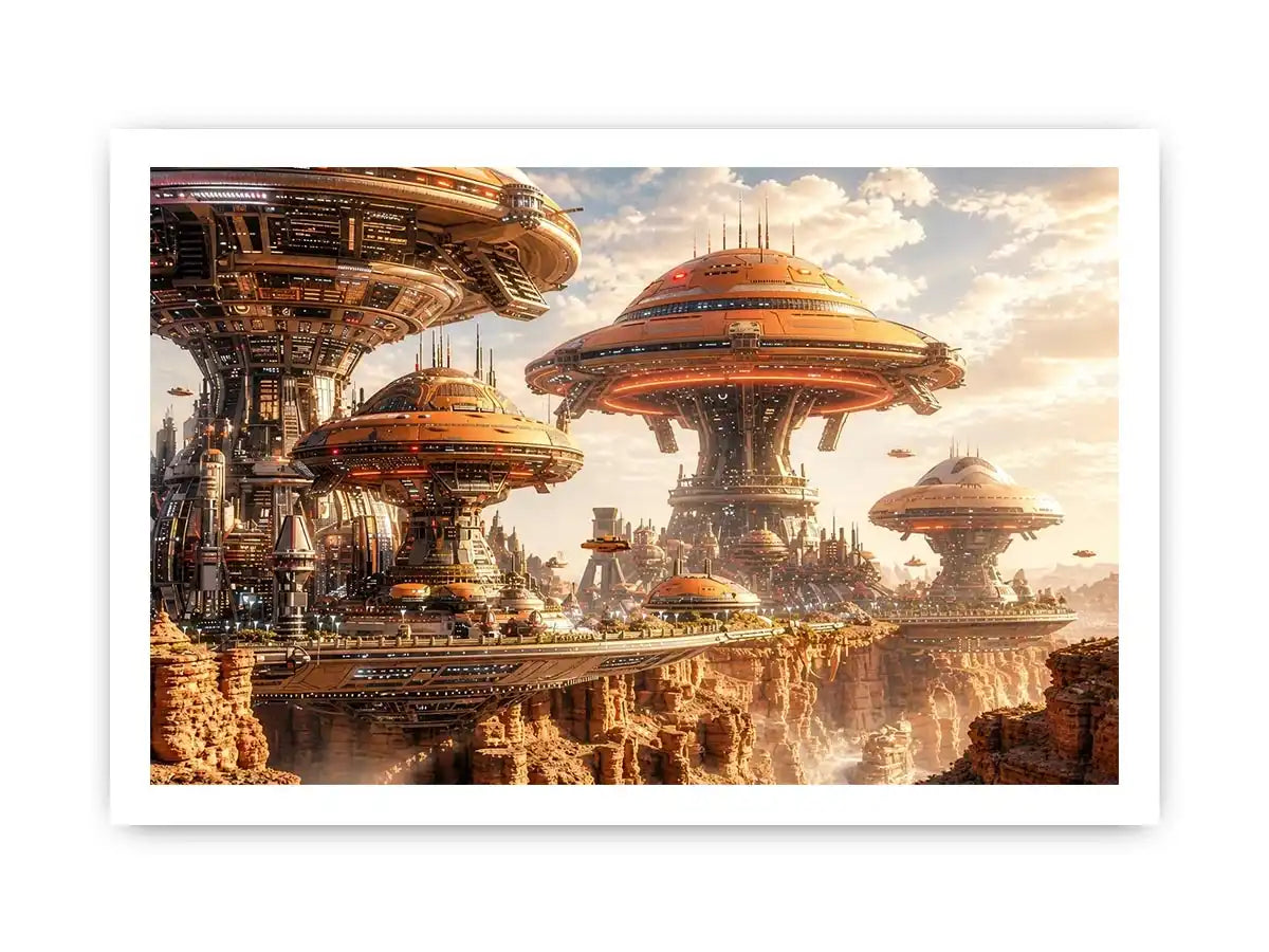 Futuristic city above a desert canyon