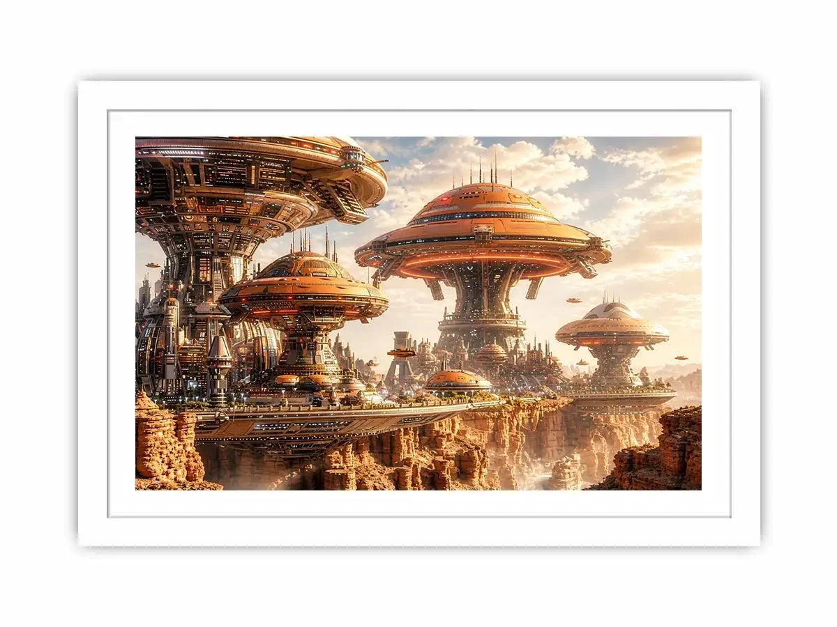Futuristic city above a desert canyon