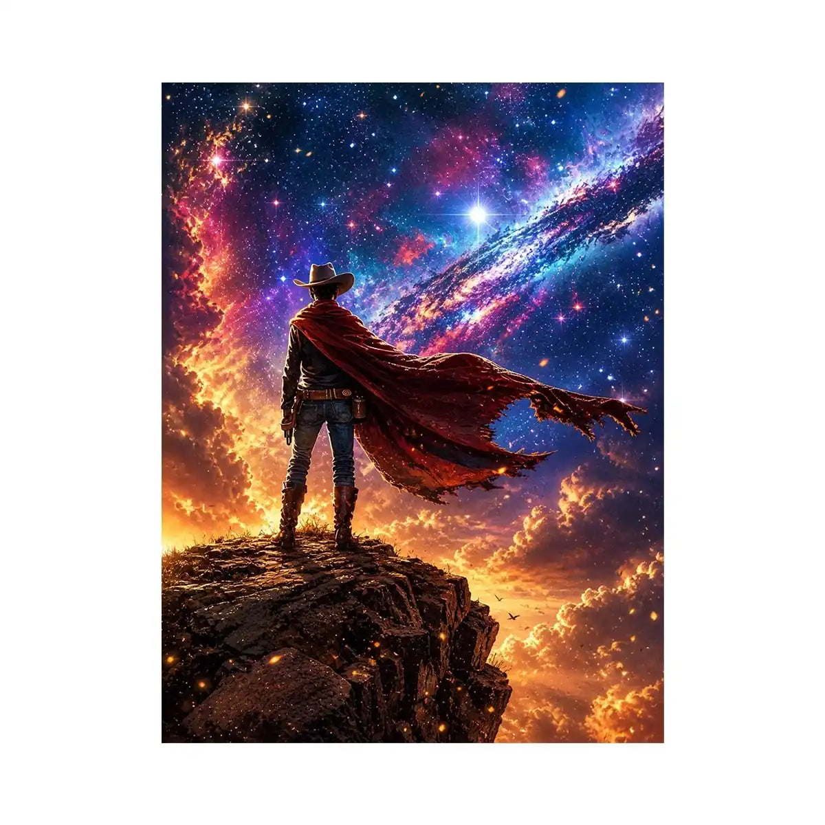 Cosmic outlaw on a rugged cliff