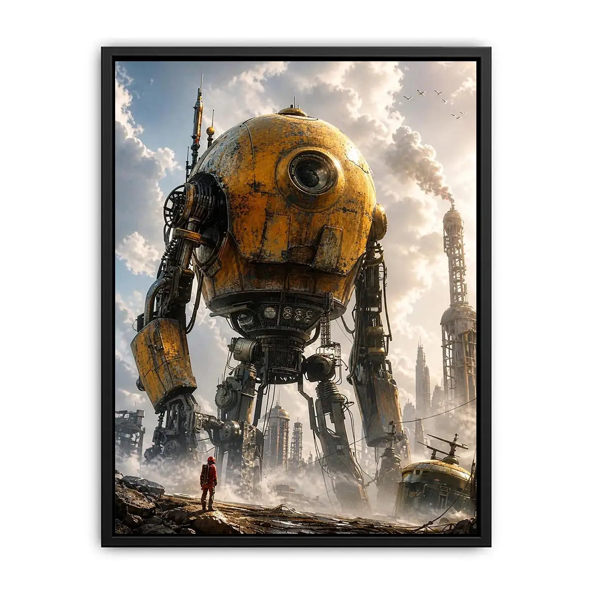 Giant mech in a misty factory landscape