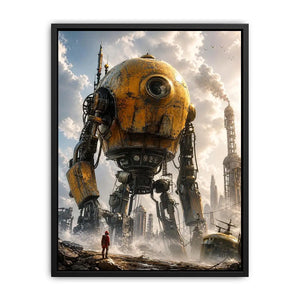 Giant mech in a misty factory landscape