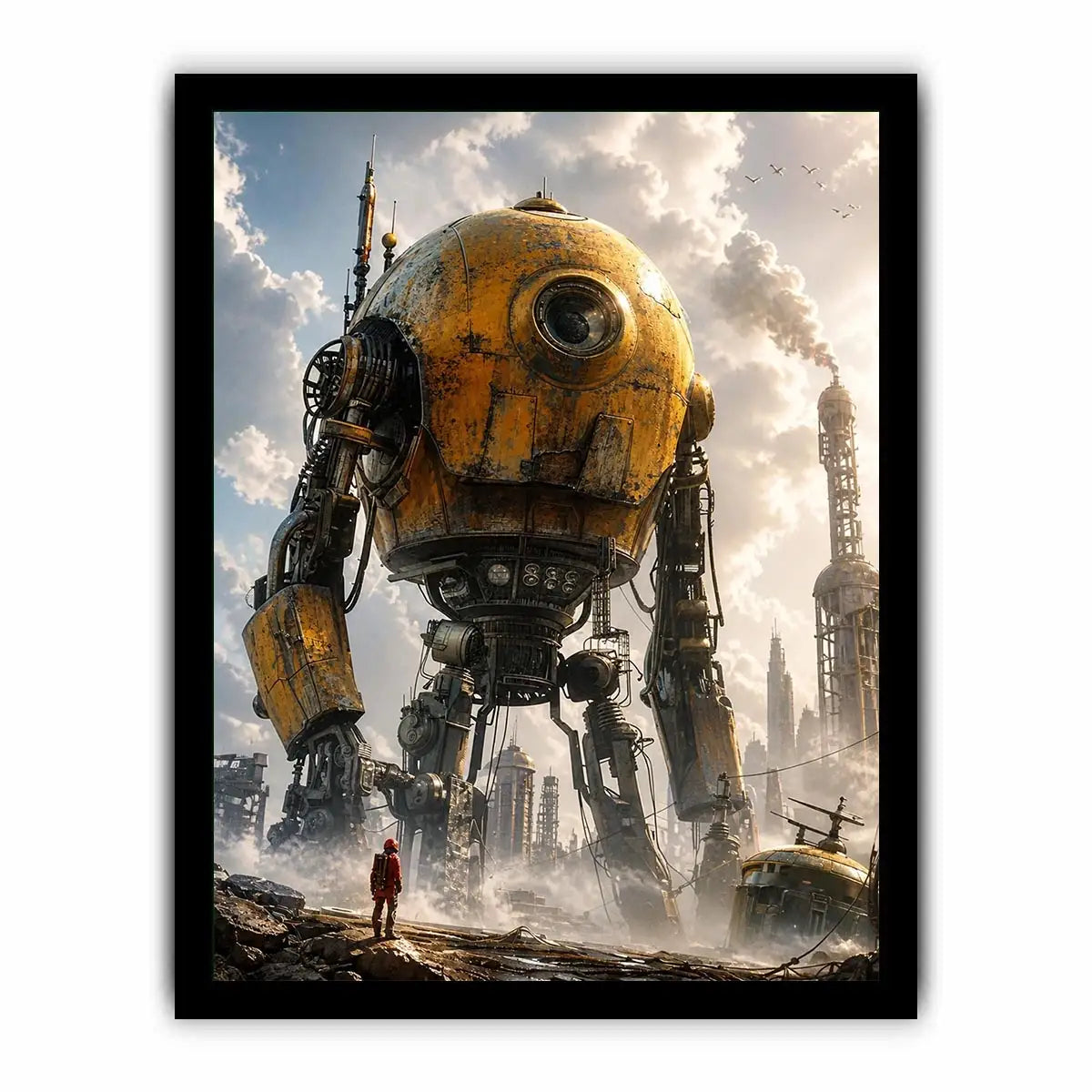 Giant mech in a misty factory landscape