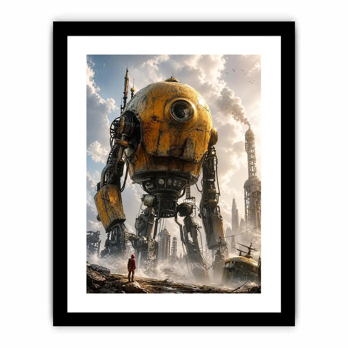 Giant mech in a misty factory landscape