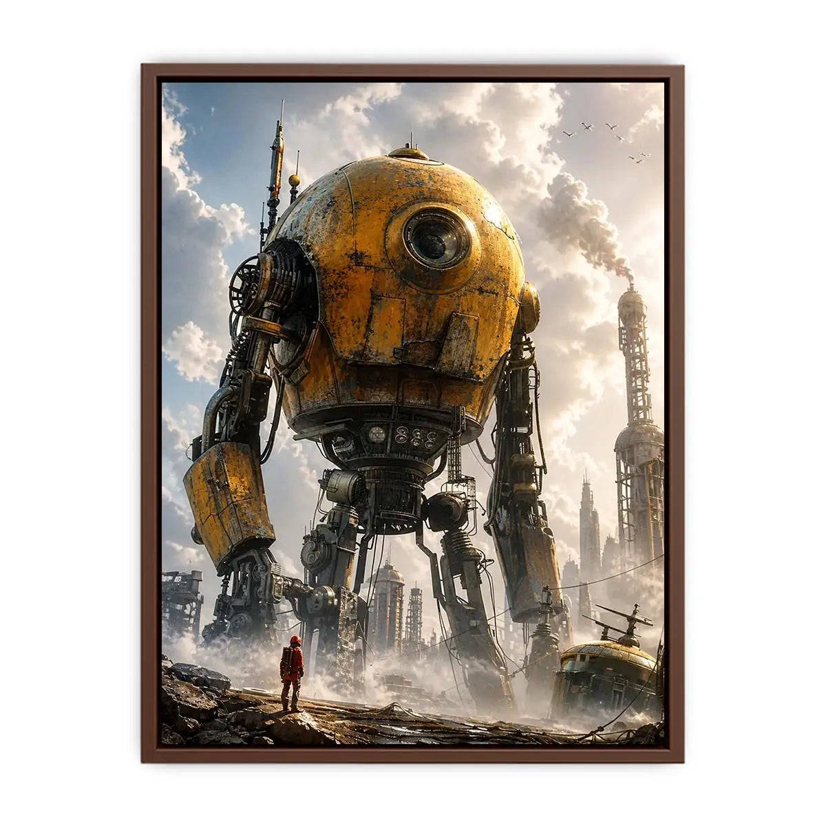 Giant mech in a misty factory landscape