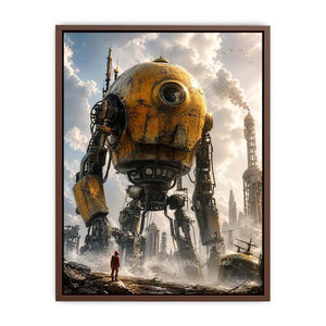 Giant mech in a misty factory landscape