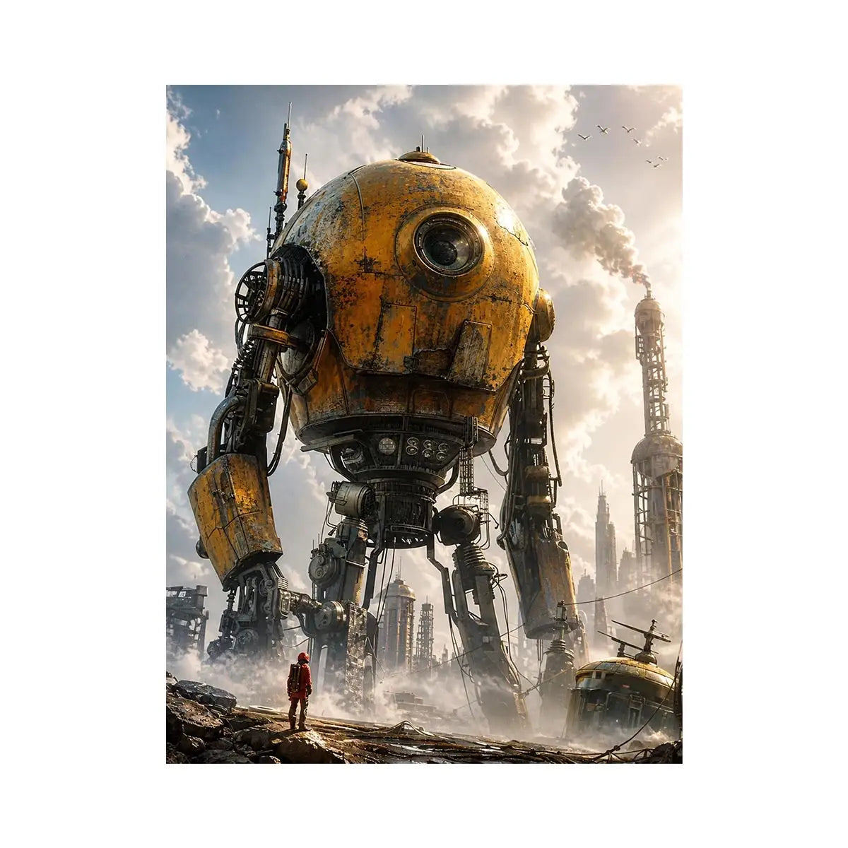 Giant mech in a misty factory landscape