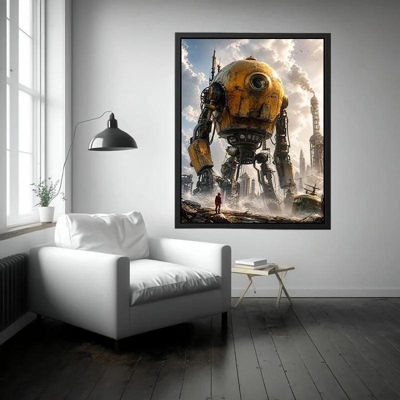 Giant mech in a misty factory landscape