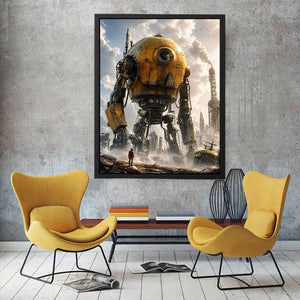 Giant mech in a misty factory landscape