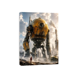 Giant mech in a misty factory landscape