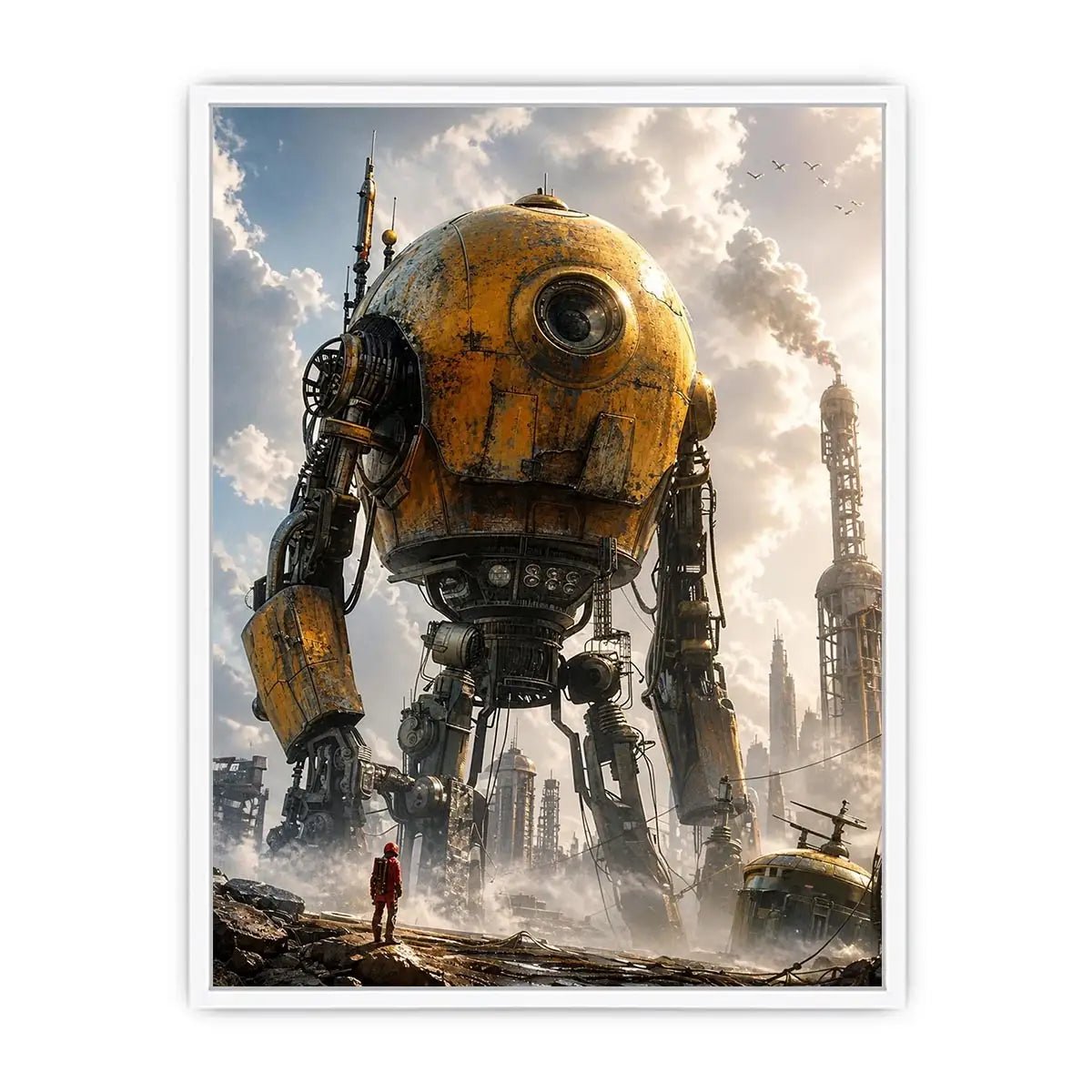 Giant mech in a misty factory landscape