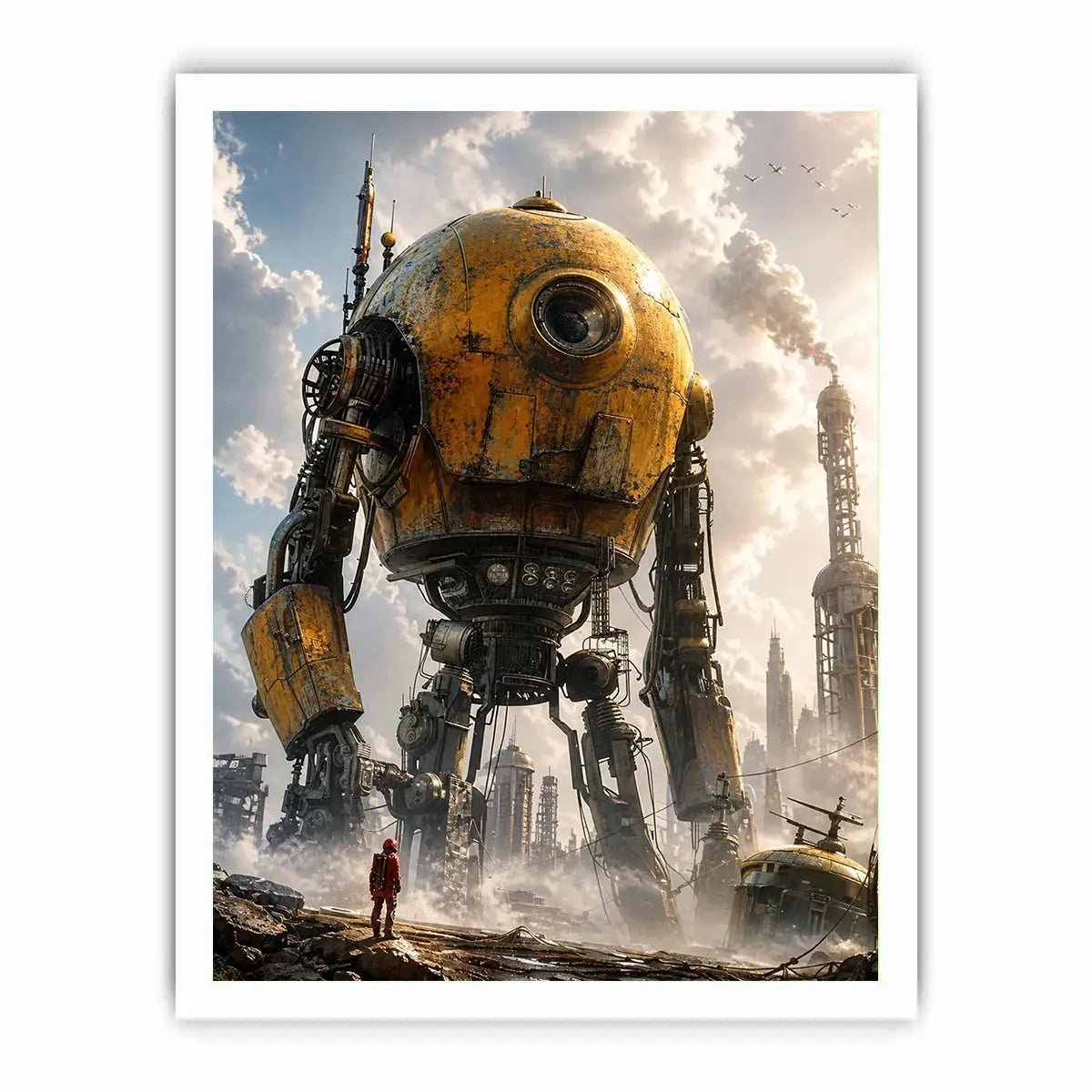 Giant mech in a misty factory landscape