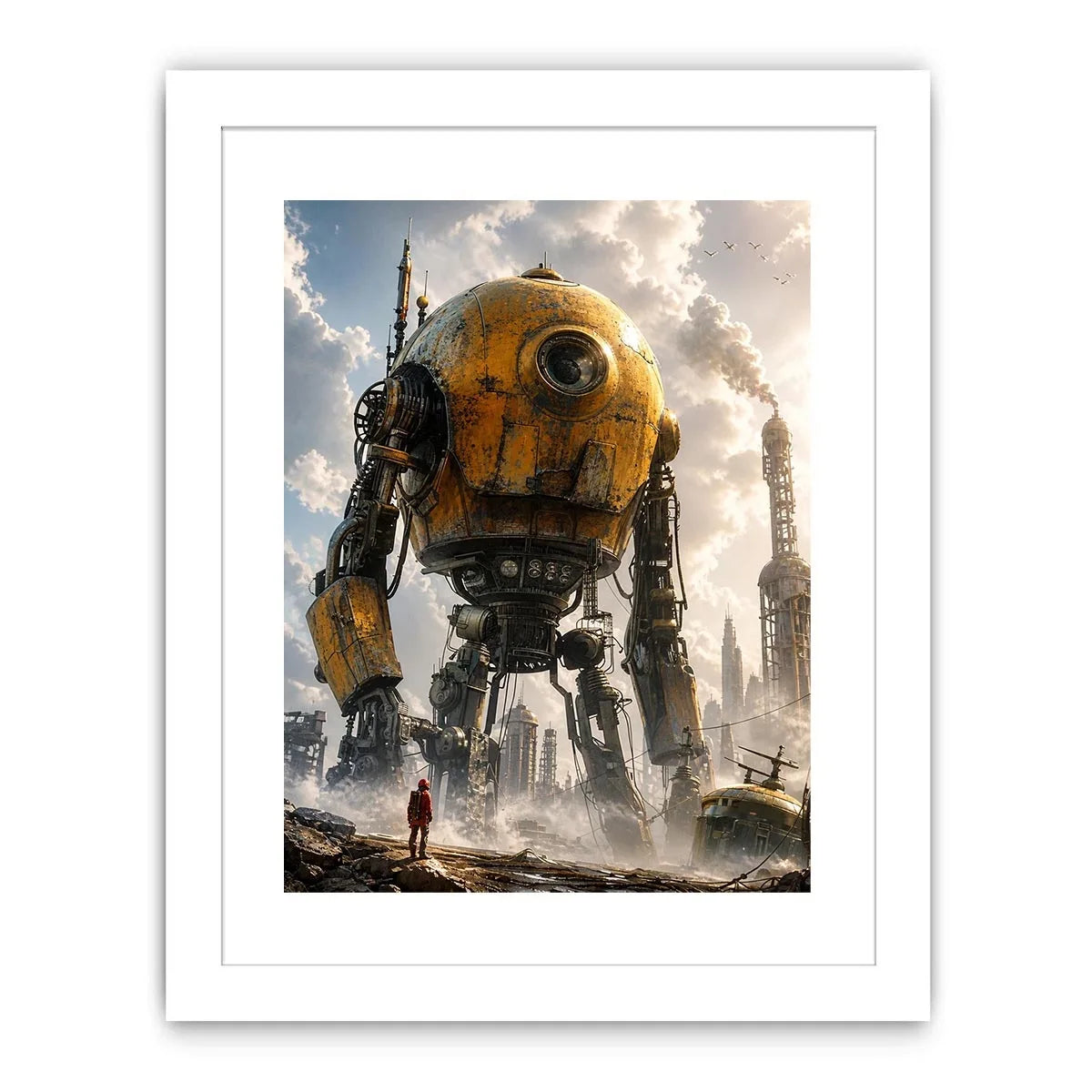 Giant mech in a misty factory landscape
