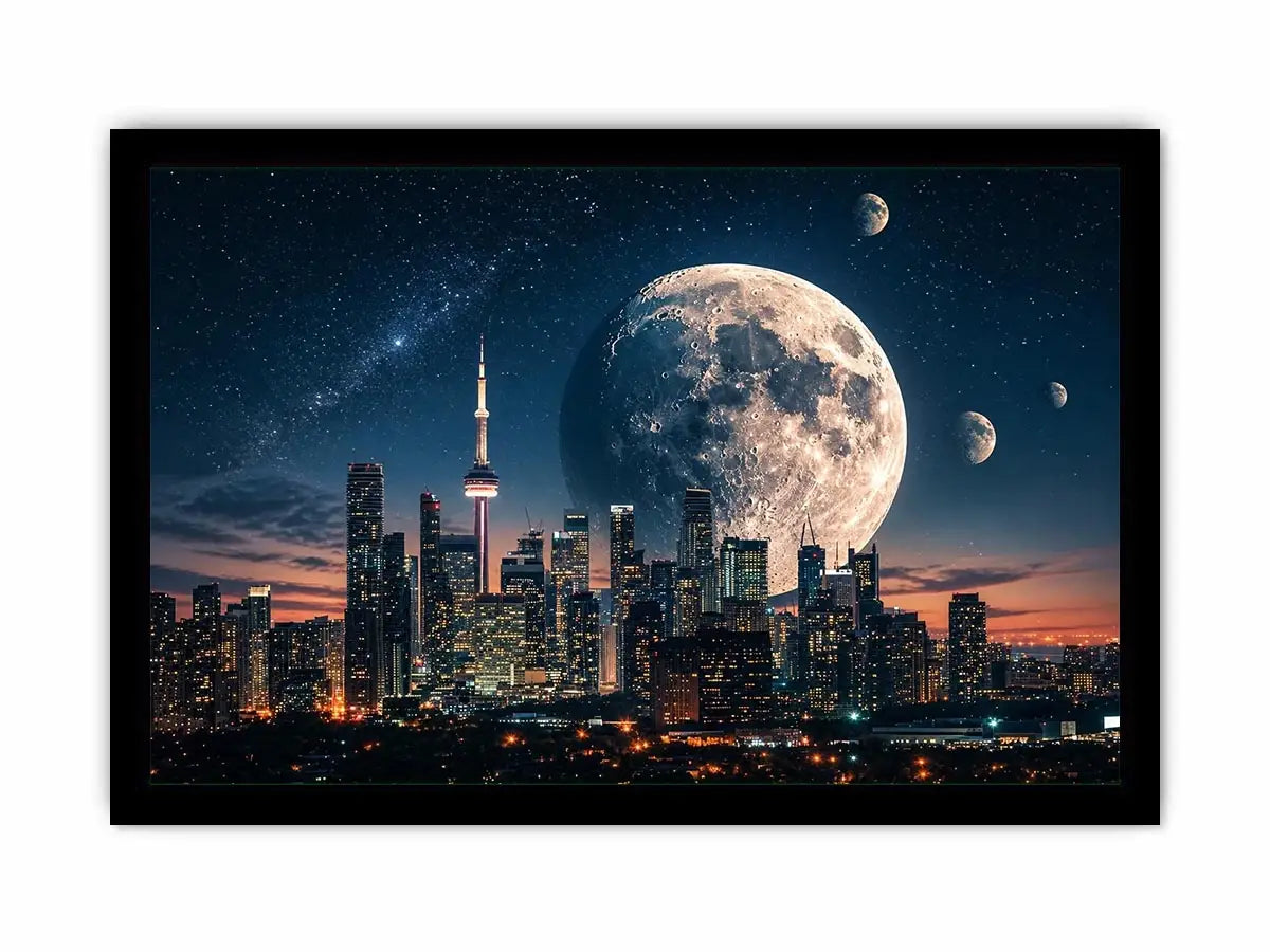 Moonlit skyline with distant planets