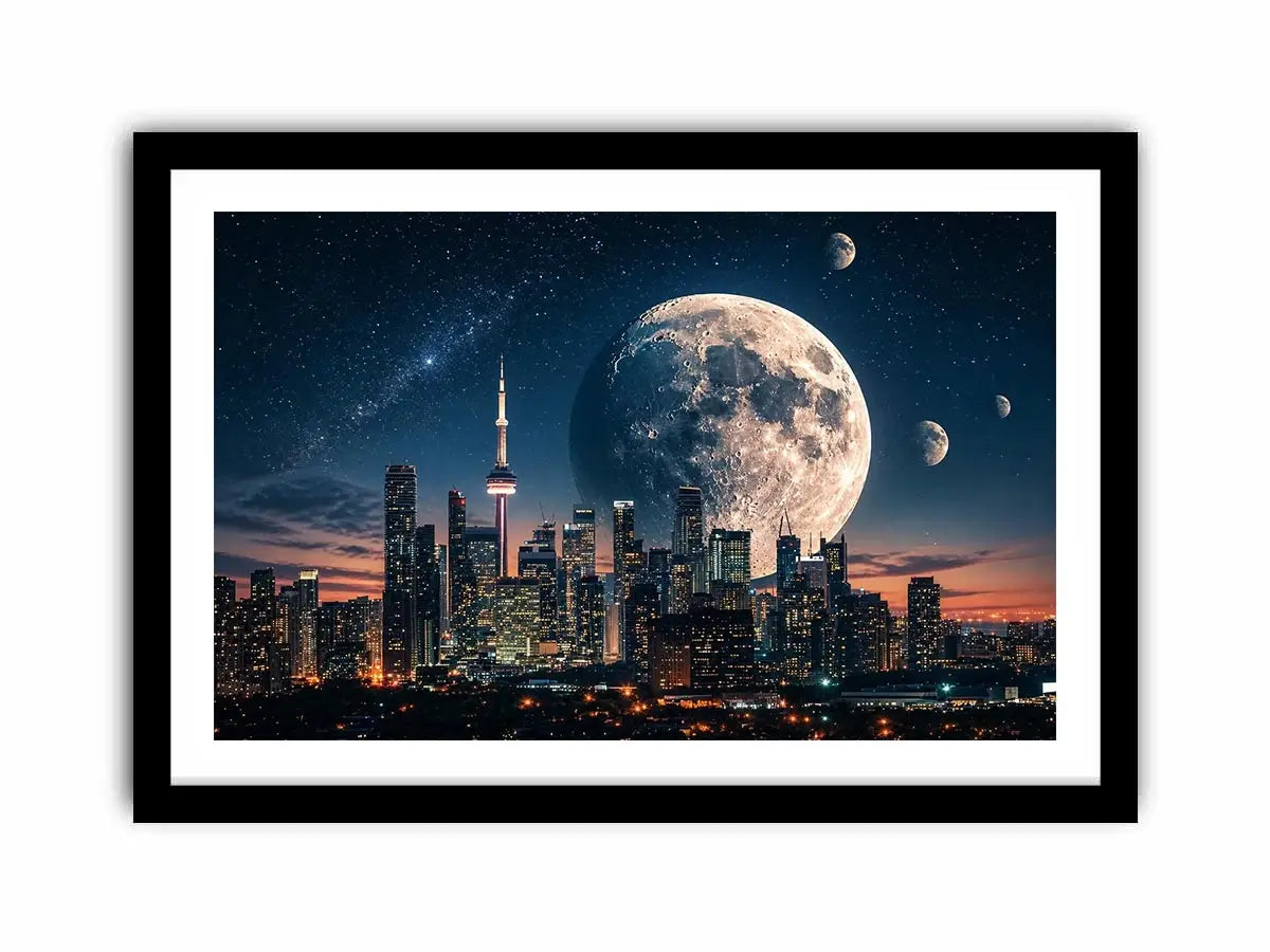 Moonlit skyline with distant planets