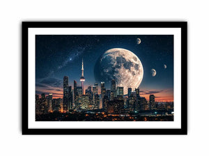 Moonlit skyline with distant planets