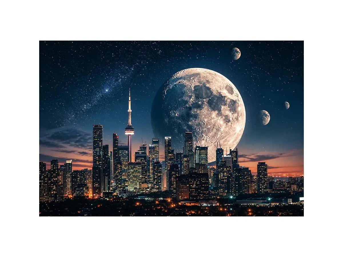 Moonlit skyline with distant planets