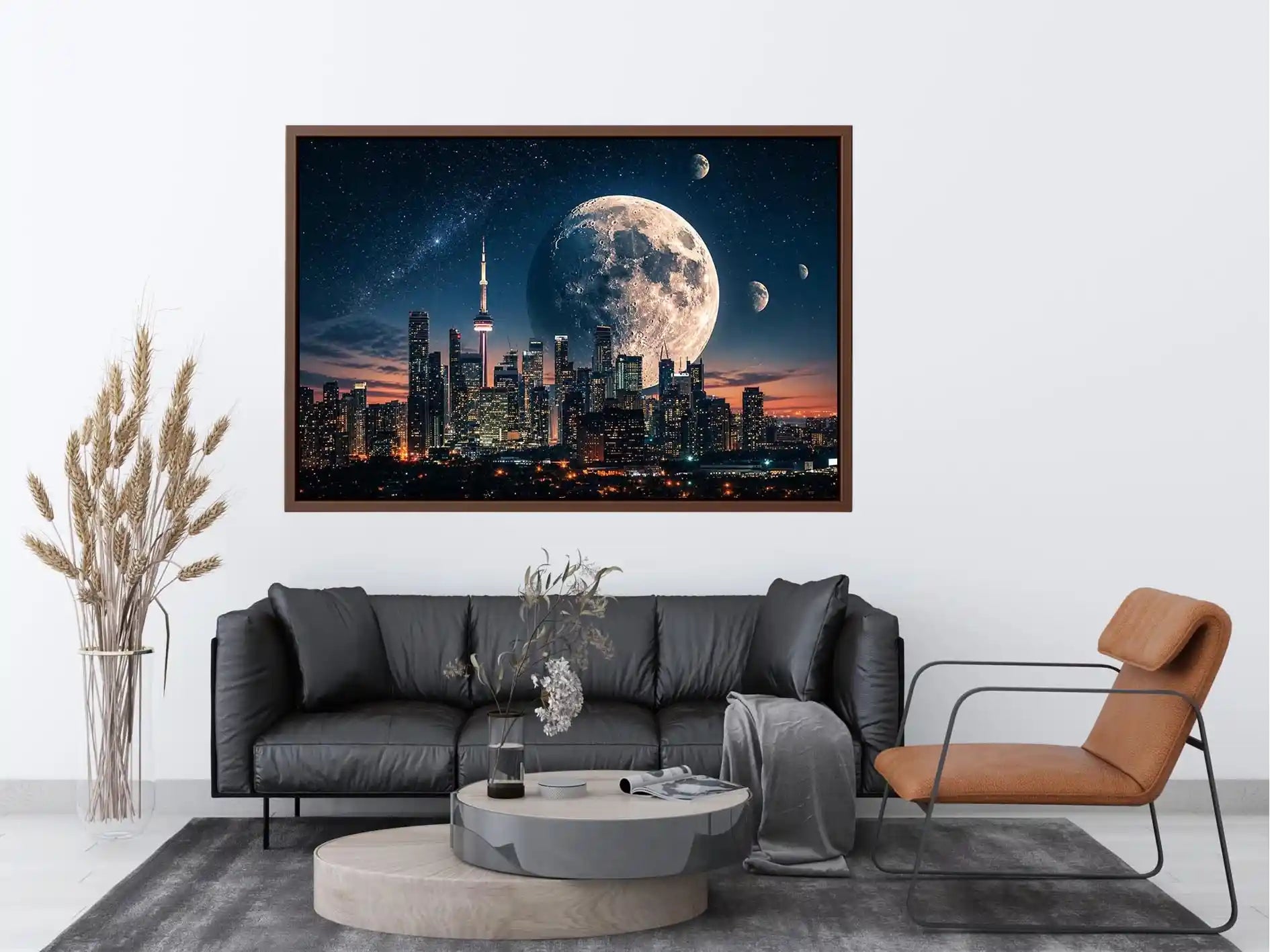 Moonlit skyline with distant planets