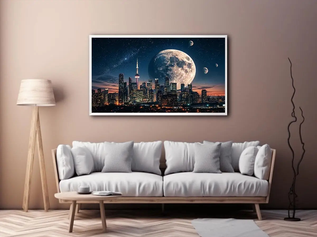 Moonlit skyline with distant planets