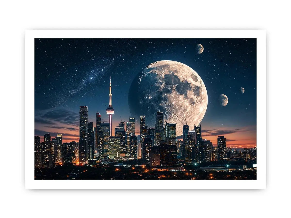 Moonlit skyline with distant planets