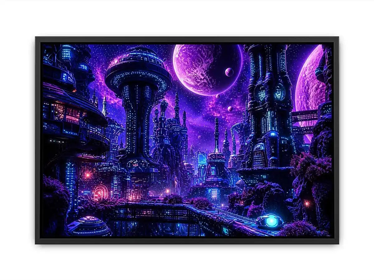 Futuristic city under a cosmic sky