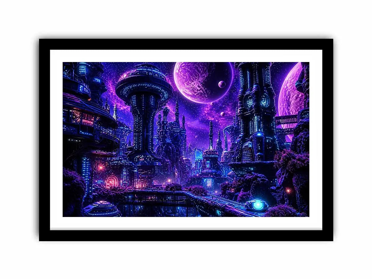 Futuristic city under a cosmic sky