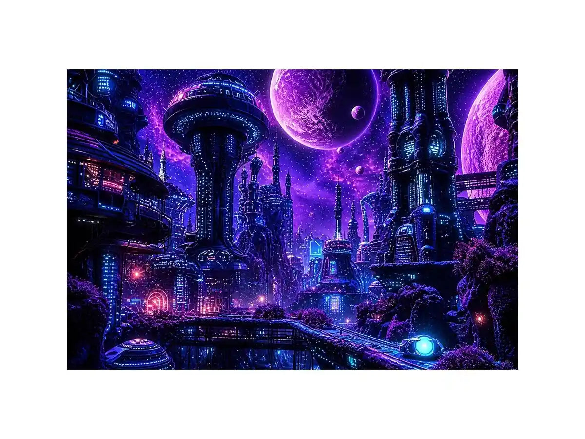 Futuristic city under a cosmic sky