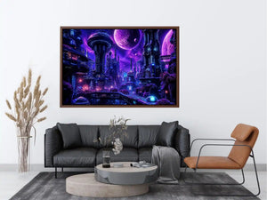 Futuristic city under a cosmic sky