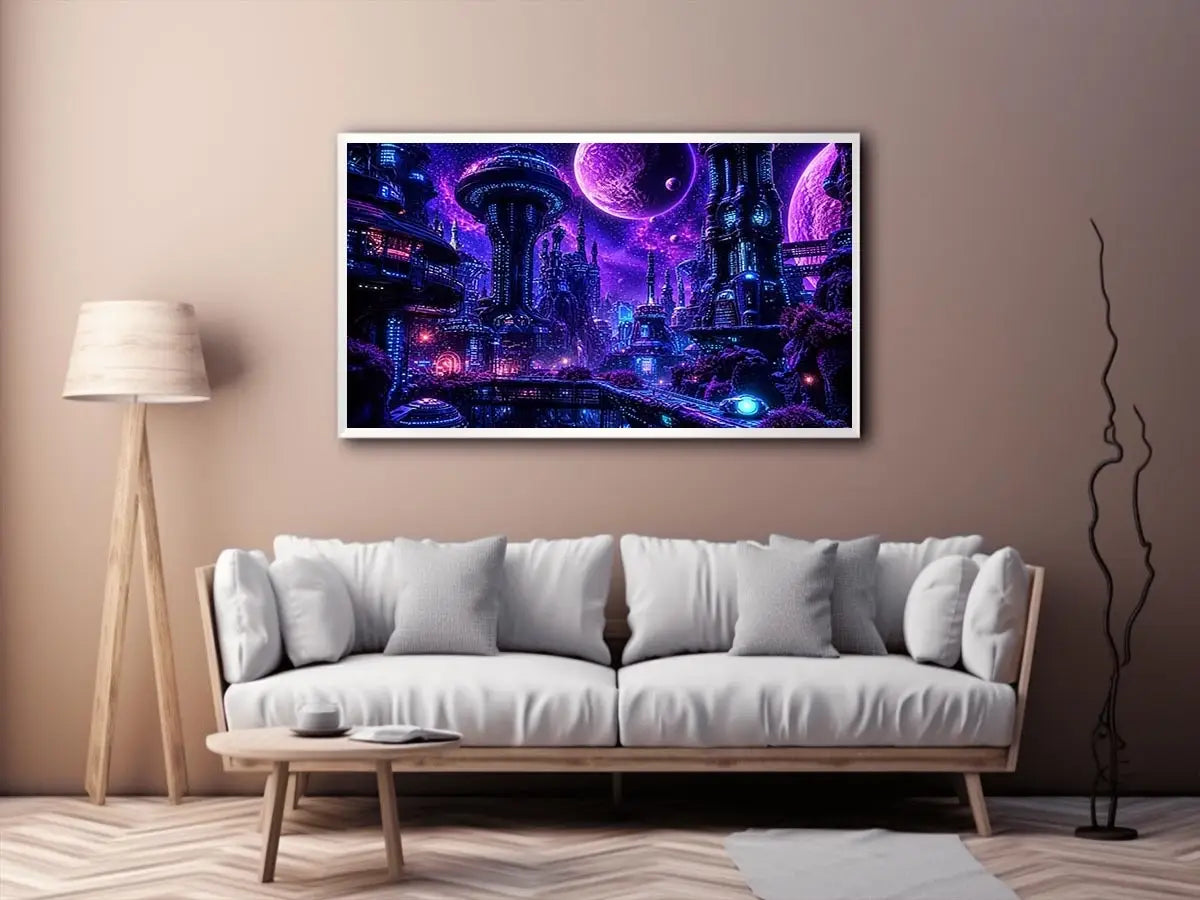 Futuristic city under a cosmic sky