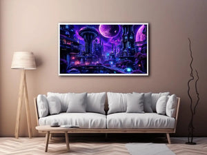 Futuristic city under a cosmic sky