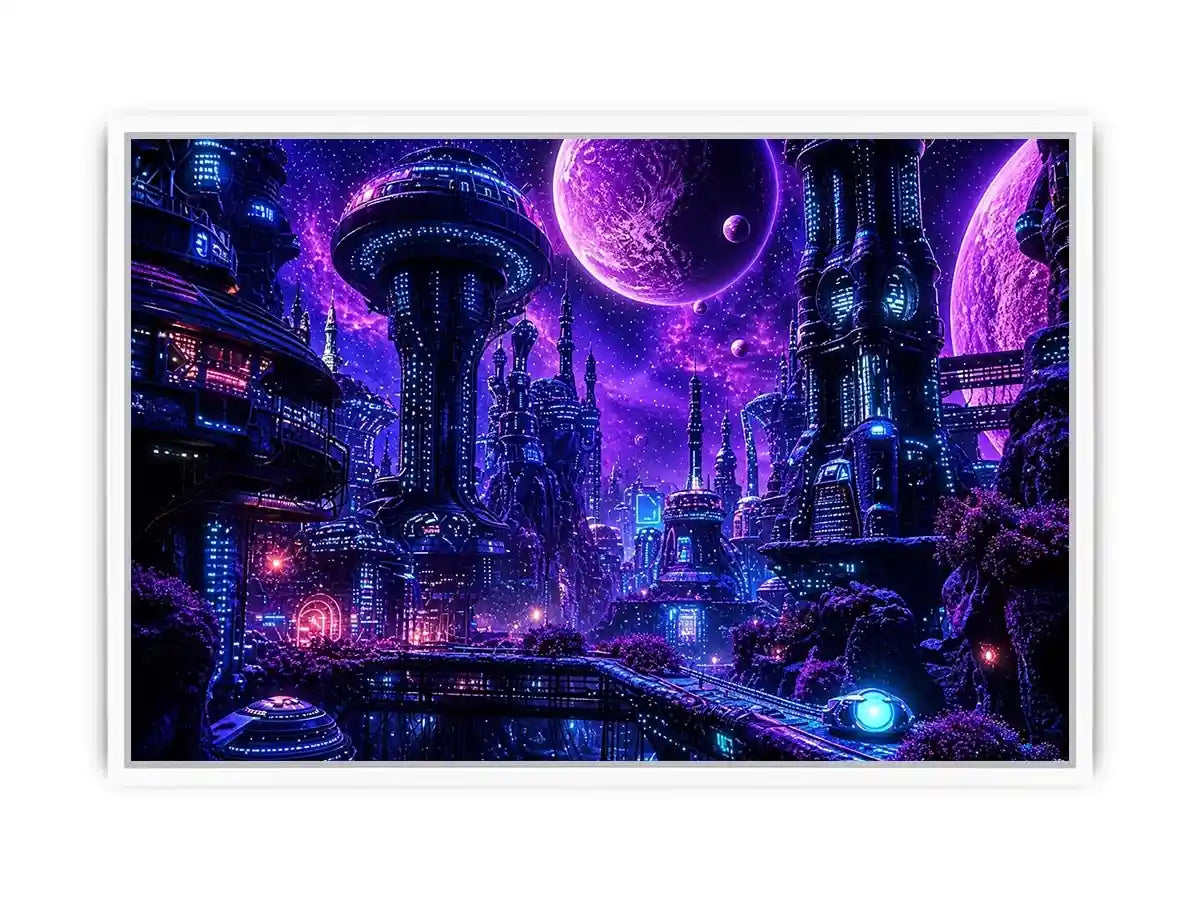 Futuristic city under a cosmic sky