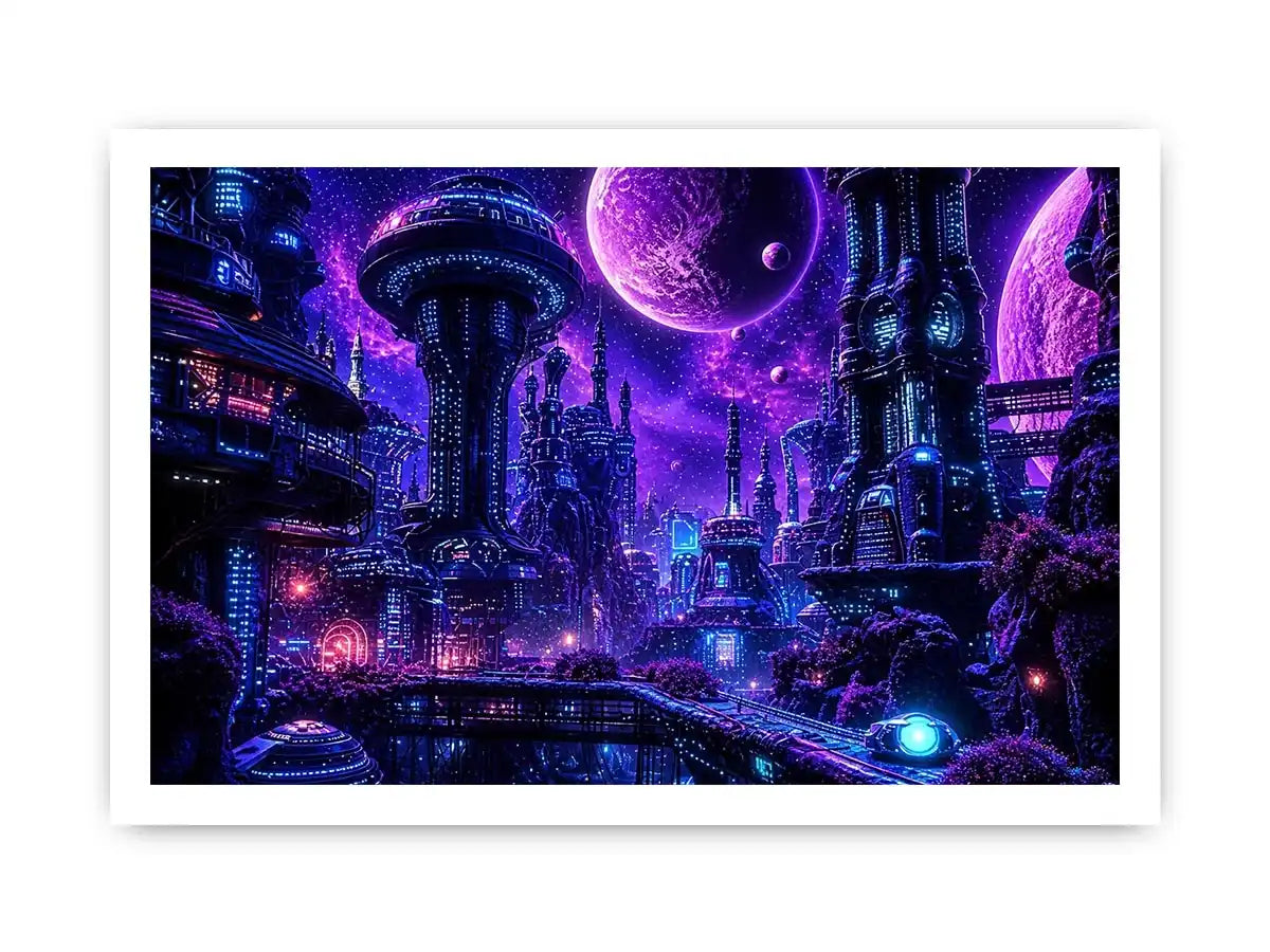Futuristic city under a cosmic sky