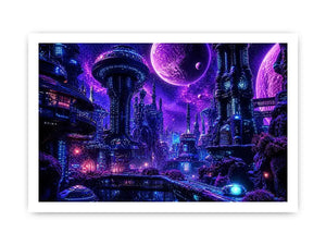 Futuristic city under a cosmic sky