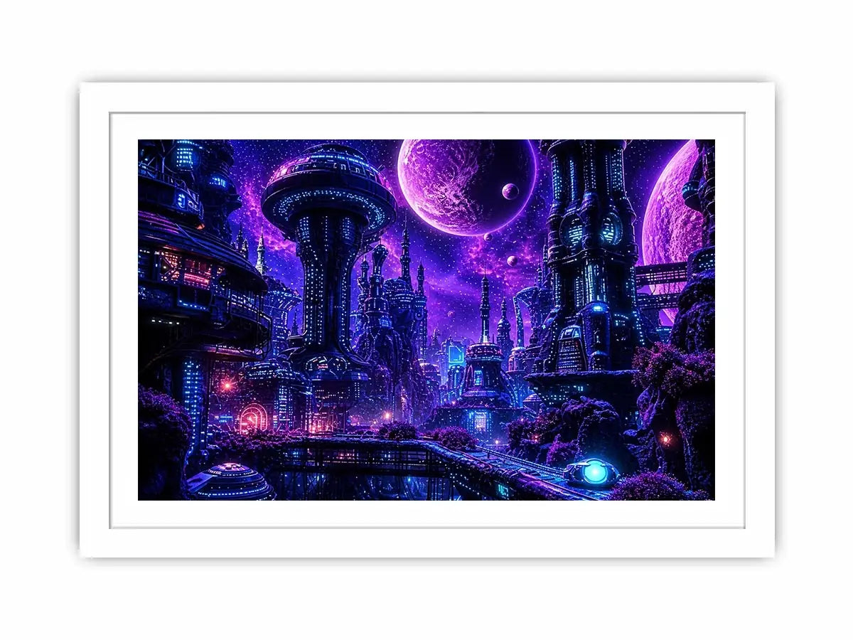 Futuristic city under a cosmic sky