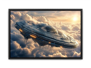 Futuristic ship above golden clouds