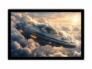 Futuristic ship above golden clouds