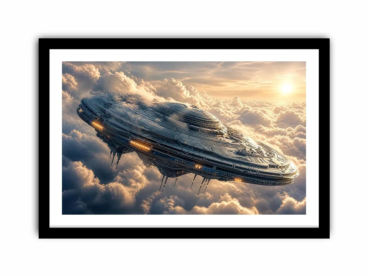 Futuristic ship above golden clouds