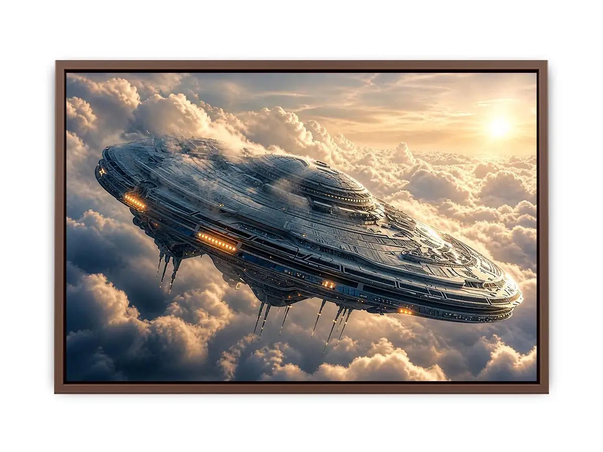 Futuristic ship above golden clouds