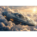 Futuristic ship above golden clouds