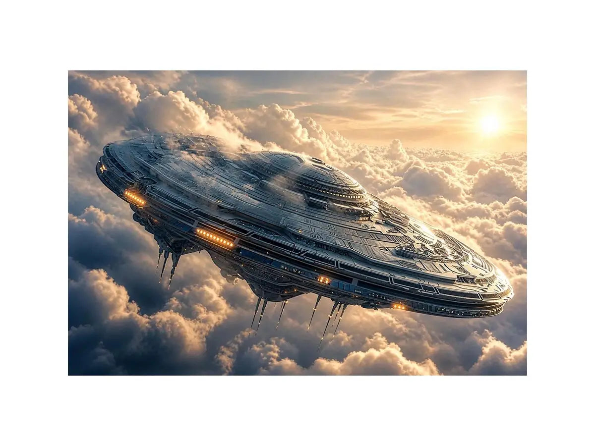 Futuristic ship above golden clouds