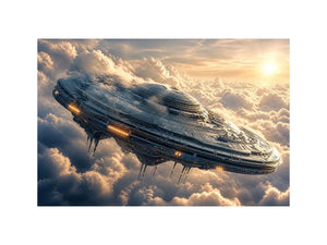Futuristic ship above golden clouds